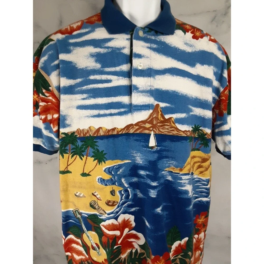 Nautica Men's SS Cotton Blue/Multicolor Hawaiian Print Polo Shirt, Size M